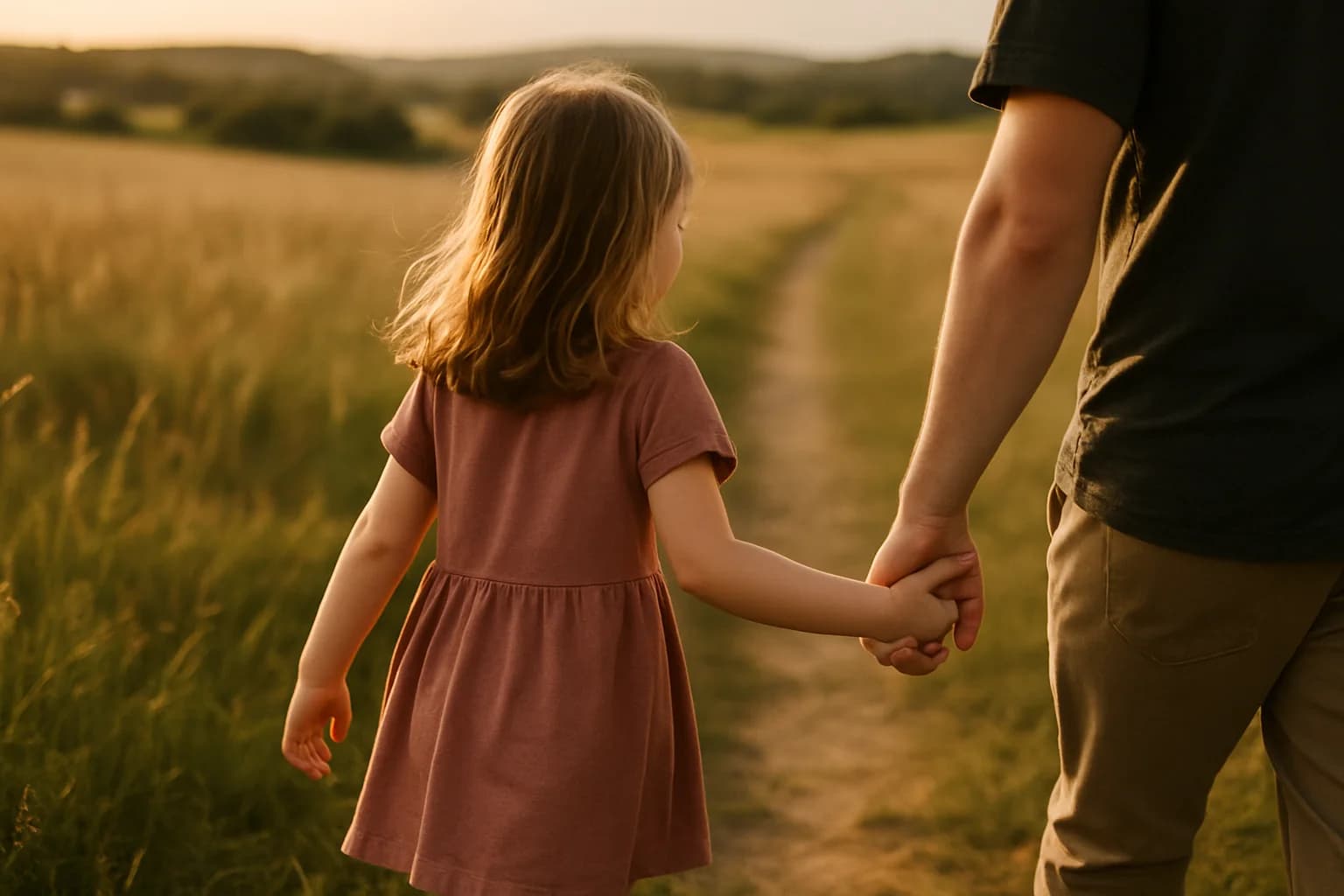 Una niña camina de la mano de una persona adulta por un sendero al atardecer